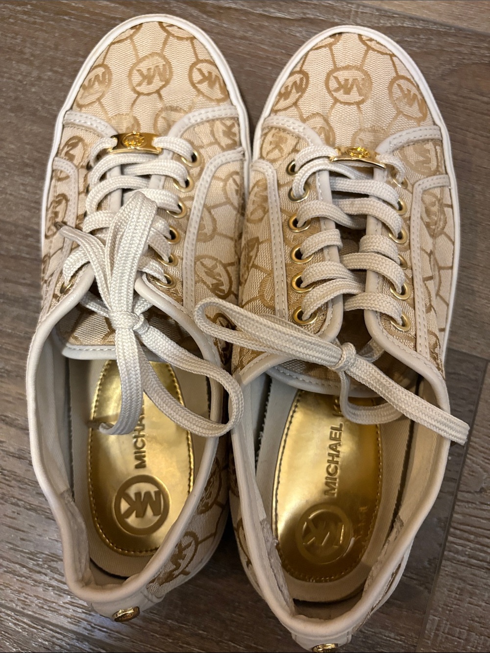 Michael Kors Beige Logo Canvas Low-Top Sneakers with Gold Accents